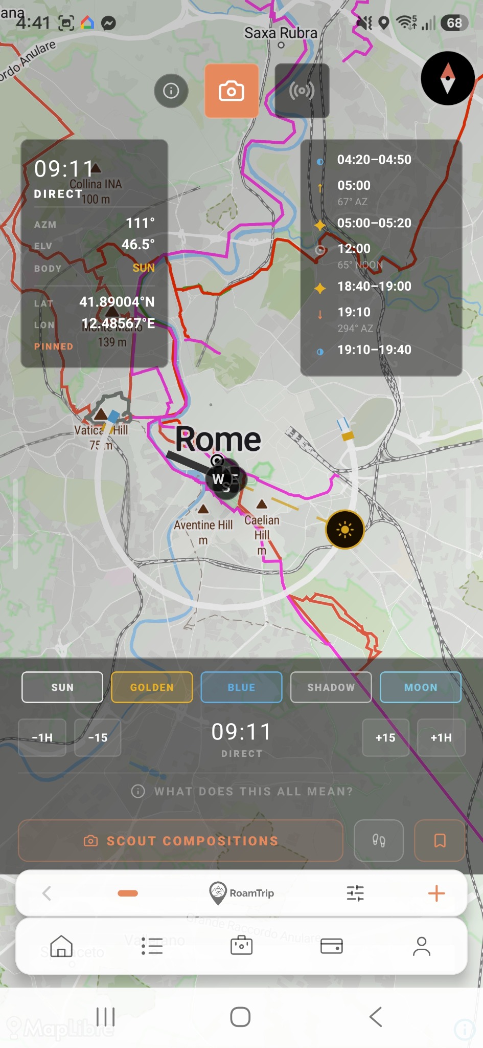 RT-Frame photography map over Rome showing sun timing and direction