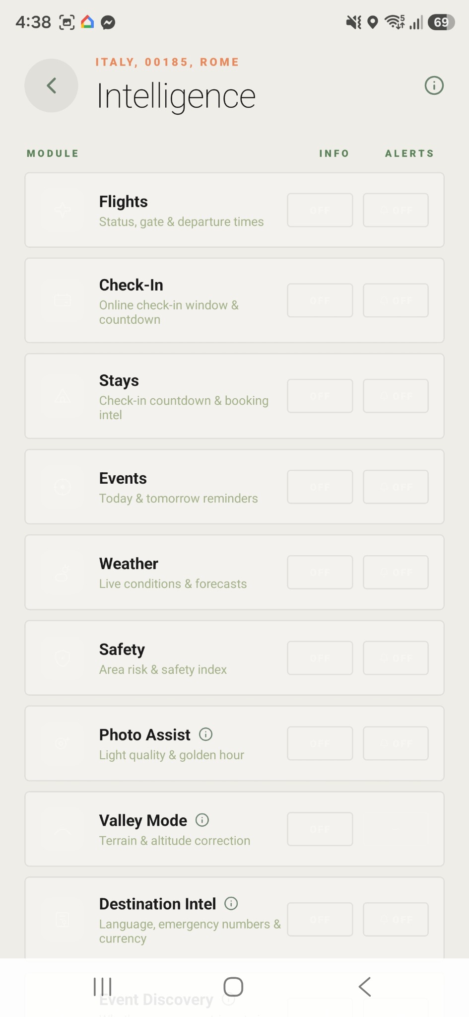 RoamTrip Intelligence Hub showing modules for flights, check-in, stays, events, weather, safety, photo assist, valley mode and destination intelligence