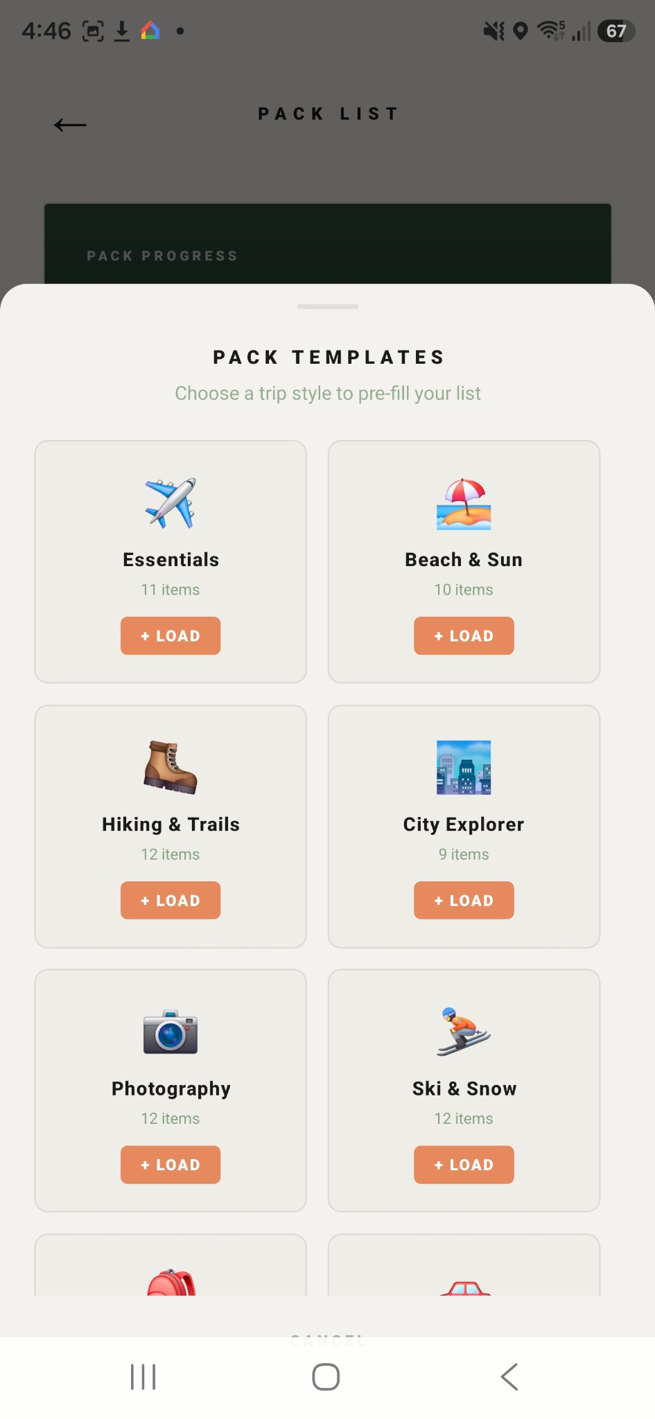 RoamTrip pack list templates