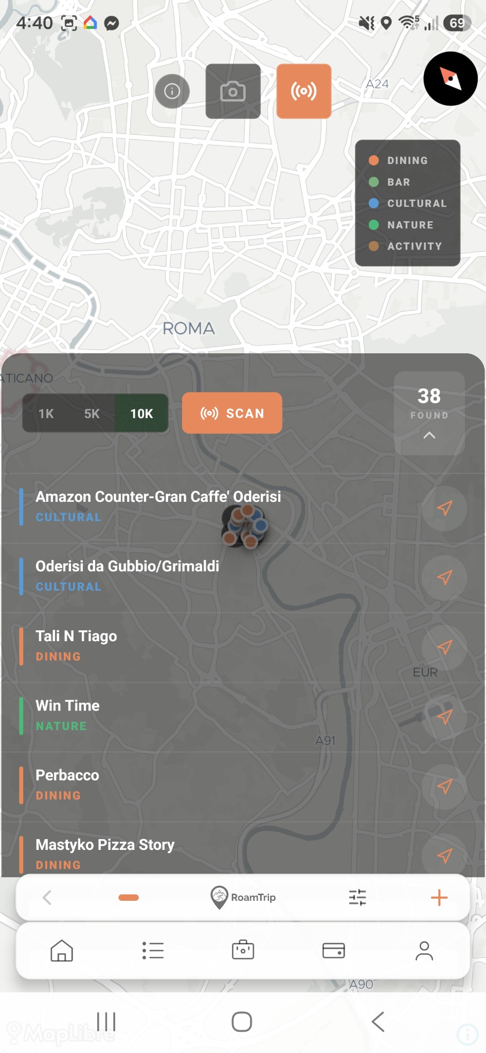 RoamTrip Scout map showing nearby dining, cultural and nature places in Rome