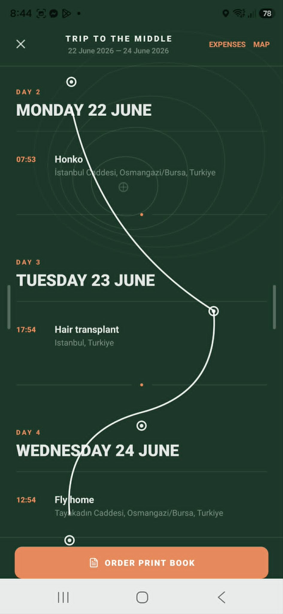 RoamTrip past trip timeline with order print book option