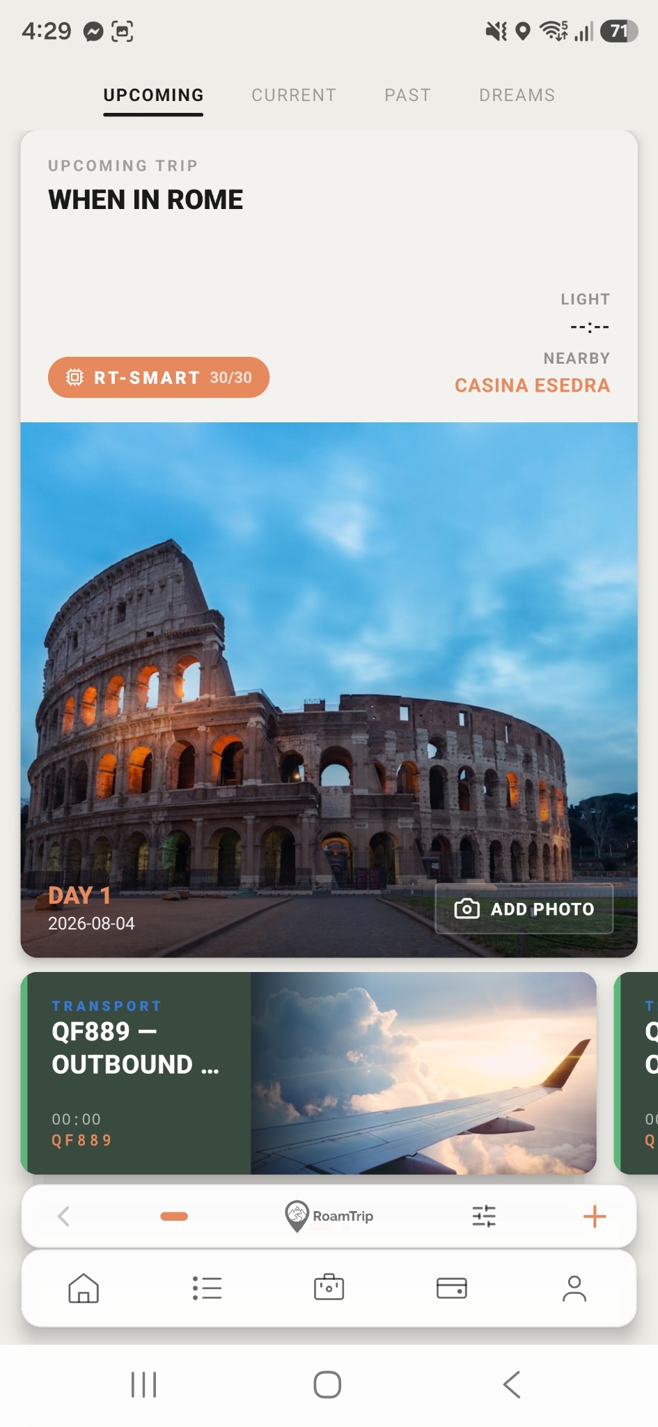 RoamTrip upcoming trip screen showing a Rome trip, nearby place and flight card